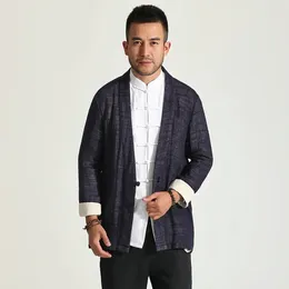 Men's Jackets Oriental Men Blue Linen Tunic Coat Single Breasted Cosy Comfort Outfits Kungfu Outerwear Male Zen Meditation Style Clothes