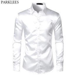 White Silk Satin Tuxedo Shirt Men Brand Long Sleeve Fitted Mens Dress Shirts Wedding Party Dance Male Casual Chemise 240220