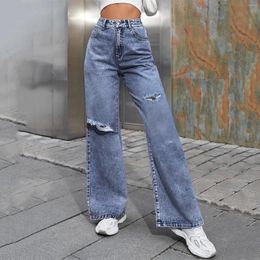 Women's Jeans High Rise Barrel For Women Wide Leg Ripped Cropped Denim Pants Baggy Boyfriend With Pockets Casual