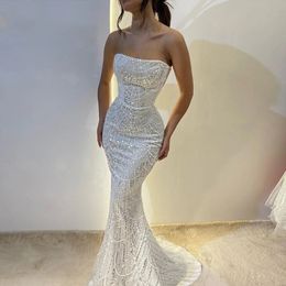 Luxury White Dubai Arabic Mermaid Evening Pagenat Dress for Women 2024 Elegant Strapless Pearls Long Formal Prom Party Gowns Robe De Soiree