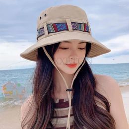 Berets Women Summer Outdoor Hiking Fishing Hat Coloured Belt Wide Brim Bob Foldable Sun Bucket Hats UV Protection Panama Fisherman Cap