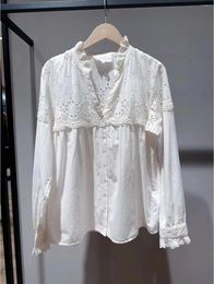 Women's Blouses Design Women Sweet Embroidered Hollow Out Long Sleeve Blouse Casual Lady All Match Single Breasted White Top Shirt