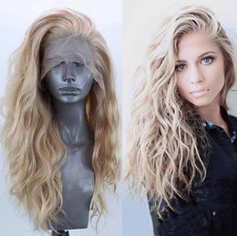 Natural Woman Blonde Long Wavy Curly Wigs Glueless Synthetic Lace Front Wig Heat Resistant Fibre Hair Natural Soft Wigs for Party 4992396