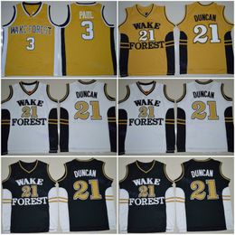 Vintage NCAA Tim Duncan #21 Wake Forest Demon Deacons College Basketball Jerseys Black White Chris Paul #3 Gold Stitched Shirts Jersey S-XXL