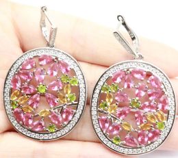 Earrings 55x33mm Multi Colour Luxury Long Big Heavy 23g Pink Tourmaline Golden Citrine Green Peridot White CZ Daily Wear Silver Earrings