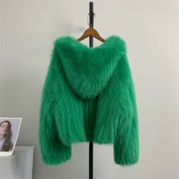 Fur 2023 New Winter Ice Cream Color Real Fur Coat Natural Fox Fur Knitting Craft Coat With Hooded Fashion Sweet Beauty Women Coat