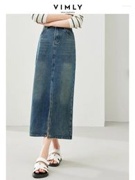 Skirts Vimly Retro Fashion Denim Skirt Spring Office Ladies Cotton Straight Split Midi Dresses 2024 Casual Woman Clothing 72636