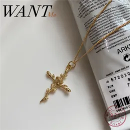 Necklaces WANTME Ethnic Real 925 Sterling Silver Smiple Cross Rose Flower Pendant Cuban Chain Necklace for Women Religion Faith Jewellery