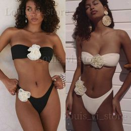 Women's Swimwear Brazilian 2pcs Bikini Swimming Set Strapless Top Sexy Cut Low Waisted Thong for Women Two Flower Decoration Split Beach Swimsuit T240222