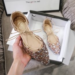 Summer Women Ballet Flats Luxury Rhinestone Wedding Shoes Cross-Tied Lace Up Pointed Toe Shallow Mouth Shoes Loafers Plus Size