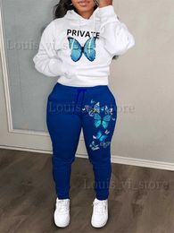 Women's Two Piece Pants Fall Winter two-piece pants set with butterfly letters printed kangaroo pocket track set white hoodie and sports pants T240222