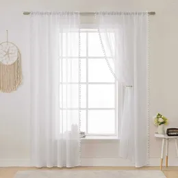 Curtain White For Living Room Modern Tassel Drape Sheer Solid Ball Pompom Tulle Curtains Home Bedroom Decor