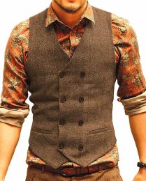 Mens Suit Vest V Neck Wool Herringbone Casual Formal Business Double-breasted Waistcoat Groomman For Wedding