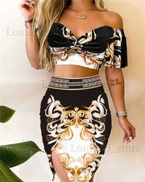 Women's Two Piece Pants Elegant Womens Sets Baroque Print Geo Tape Patch Twisted Crop Top Slit Skirt Set Off Should Short Sleeve Skirts Suits Dress T240222