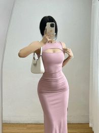 Casual Dresses WOMENGAGA Fashion Robe Red Spicy Girl Sexy Chest Hollow Sleeveless Split Tight Slim Hip Dress Long Women Sweet 7OC3