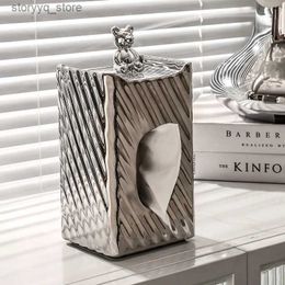Tissue Boxes Napkins Light Luxury Striped Bear Tissue Box Living Room Metal Silver Bear Paper Extraction Box Household Bathroom Face Cloth Storage Q240222