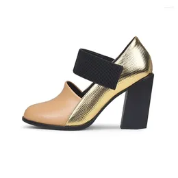 Dress Shoes Apricot Mixed Gold Leather Women Pumps 9cm Square High Heels Black Elastic Strap Formal Zapatos Femmes Chaussure2024