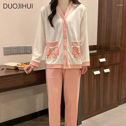 Women's Sleepwear DUOJIHUI Autumn Two Piece Loose Casual Home Pyjamas For Women V-neck Sweet Cardigan Basic Simple Pant Fashion Female