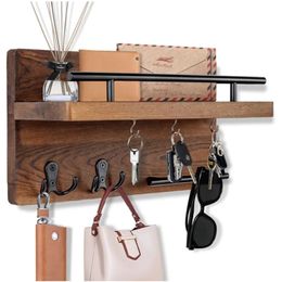 Wooden Wall Key Holder with 5 Hooks Mail Organiser with Shelf Home Decor for Entryway Hallway 240220