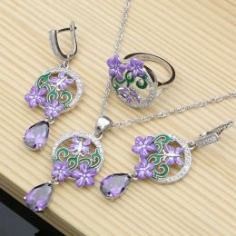 Sets Fine Purple Amethyst Silver 925 Jewellery Sets Charm Enamel Butterfly Flower Earrings Women Handmade Decoration Jewellry