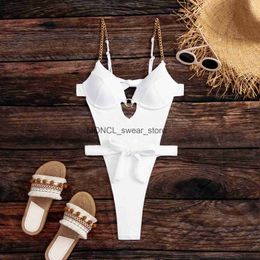 Women's Swimwear Sexy White One Piece Swimsuit Women Metal Strap Black Hollow Out Underwire Monokini Holiday Backless Bathing Suit 2024H24222