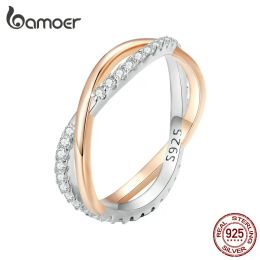 Rings Bamoer 925 Sterling Silver Bicolor Twist Eternity Ring Double Layer Cross Ring for Women Rose Gold Plated Zircon Fine Jewelry