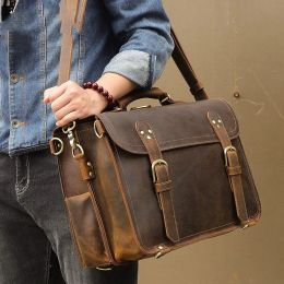 Backpack Genuine Leather Briefcase Bags Crazy Horse Leather Bag Men Office Bags for Men Leather Laptop Bag 17 Maletines Hombre Trabo