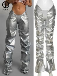 Pants Sexy Techno Silver Faux PU Leather Pleated Loose Trousers Women Irregular Shape High Street Hipster VShaped Low Waist Y2K Pants
