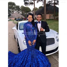 Party Dresses Royal Blue 3D Floral Mermaid Prom Black Girls High Neck Long Sleeves African Plus Size Evening Formal Dress Court Train