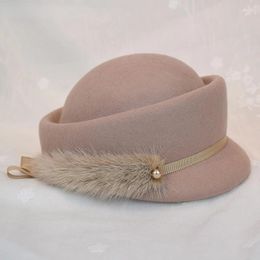 Berets Women Autumn Winter High-end Temperament Beret Hat True Mink Tail Dome Elegant Short Eaves Basin Fashion Wool Party Caps