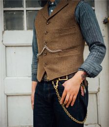 Men's Slim Fit Suits Vest Herringbone Tweed Notch Lapel Wool Casual Groomsmen