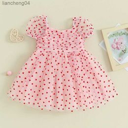 Girl's Dresses 0-4Y Baby Girls Heart Print Tulle Dress Valentines Day Short Puff Sleeve A-line Dress Kids Princess Dresses Summer Clothes