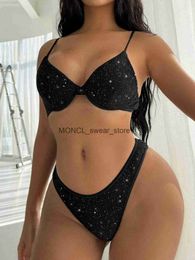 Women's Swimwear Shiny Black Bikini Women Sequin Underwire Push Up Micro 2024 Summer Bathing Suit Cut Out Thong Swimsuit Beach OutfitsH24222