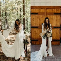 Country Style Boho Lace Wedding Dresses With Long Sleeves V Neck A Line Beach Wedding Gowns Bohemian Plus Size Bridal Dress239P