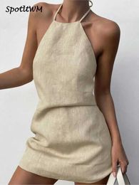 Basic Casual Dresses Cotton and linen backless mini camisole dress solid sleeveless back zipper dress 2023 summer vacation short skirt J240222