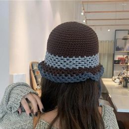 Berets Women Knitted Lattice Fisherman Hat Wide Brim Lace-up Patchwork Color Crochet Bucket Costume Accessories