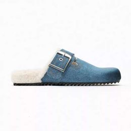 2024 Autumn New Baotou Half Shoes Lamb Hair Denim Casual Shoe Buckle Decoration Thick Bottom Wool Slippers Outside Flats Slides