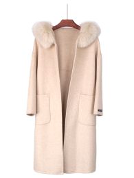 Fur FURYOUME Winter Jacket Women Real Fur Coat Natural Fox Fur Collar Hooded Overcoat Cashmere Wool Blends Oversize Lady Outerwear