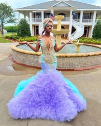 Lake Blue And Puple Tulle Ruched Train Gold Crystals Luxury Prom Dresses Gowns For Black Girls Mermaid Ladies Dresses robes