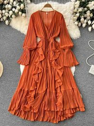 Basic Casual Dresses Beach chiffon womens elegant lotus leaf lace V-neck pleated long skirt womens single chest A-line retro long skirt J240222