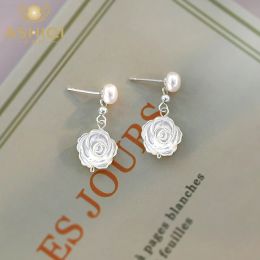 Earrings ASHIQI 925 Sterling Silver Natural Freshwater Pearls Shell Flower Earrings Handmade Jewellery Fashion for Girls Gift