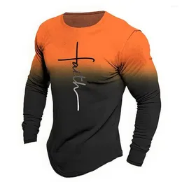 Men's T Shirts Gradient Letter Graphic Long Sleeve T-Shirt For Men Autumn Casual Top Tees Fashion Harajuku 3d Printing Streetwear Clothing