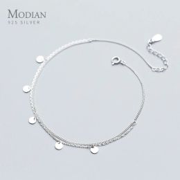 Anklets Modian Simple Double Layer Link Chain Anklet for Women Real 925 Sterling Silver Geometric Sequins Anklet Fashion Fine Jewellery
