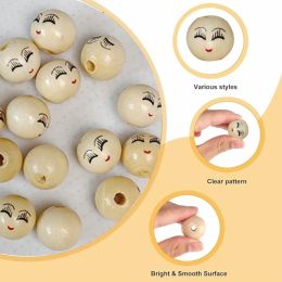 Beads 100Pcs Round Hole Wood Smiles Face Beads Sets for DIY Decorations Smiles Wooden Beads Natural Wooden Beads for Crafting