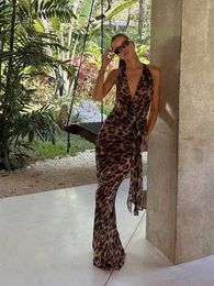 Basic Casual Dresses Elegant Leopard Halter Midi womens dress sexy and soft shoulder tight corset womens casual beach party dress J240222