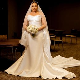 Aso Ebi Mermaid Wedding Dress Bridal Gowns For Bride Plus Size with Detachable Train Long Sleeves Jewel Beaded Pearls Marriage for African Nigeria Black Women NW095