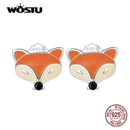 Earrings WOSTU 100% 925 Sterling Silver Cute Fox Ear Studs Mini Animal Stud Earrings for Women Trendy Colour Earrings Fine Party Jewellery