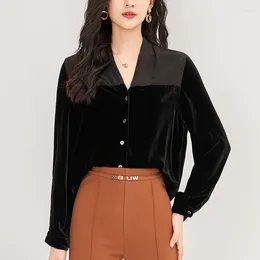 Women's Blouses Vintage Black Silk Velvet Blouse Women V-neck Button Up Shirt Long Sleeve Autumn Casual Tops Elegant Shirts And