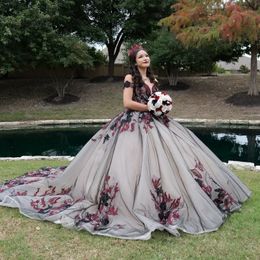 Grey Champagne Quinceanera Dresses Ball Gown Off Shoulder Puffy Sweet 16 Dress Applique Lace Tull Celebrity Party Graduation