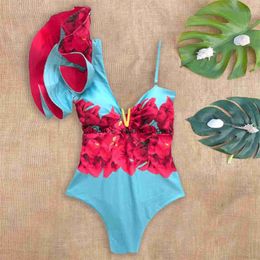 Women's Swimwear Sexy One Shoulder Ruffle Piece Swimsuit Print Floral Women V Neck Bathing Suit Beachwear Monokini FemaleH24222